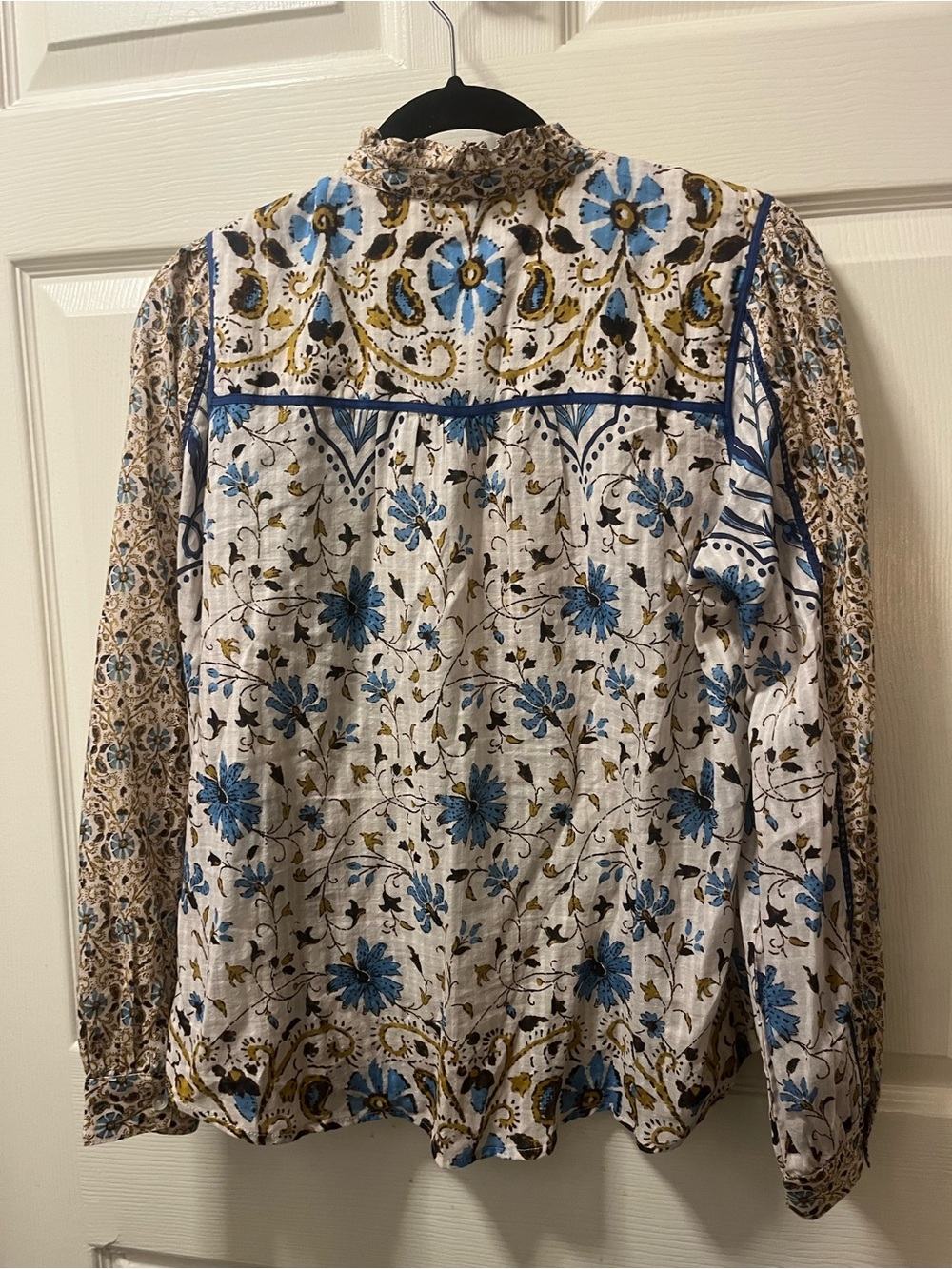 Sundance Boho Floral Button Front Blouse Women’s Size Medium Blue Ruffle Collar - Picture 3 of 9